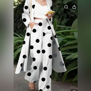 COPY - Polka Dot Shirt & Wide Leg Trousers Set - Long Sleeve, Lapel Collar